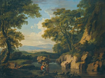 Een bergachtig boslandschap met figuren bij een rivier op de voorgrond door George the Elder Barret